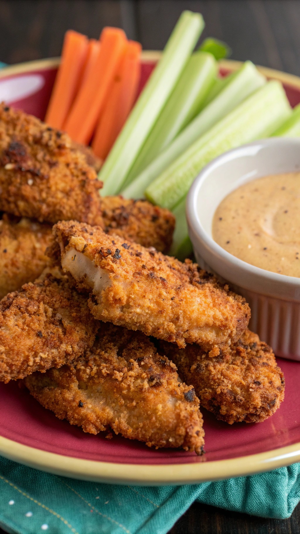 Spicy Cajun Air Fryer Chicken Tenders served with celery and carrot sticks