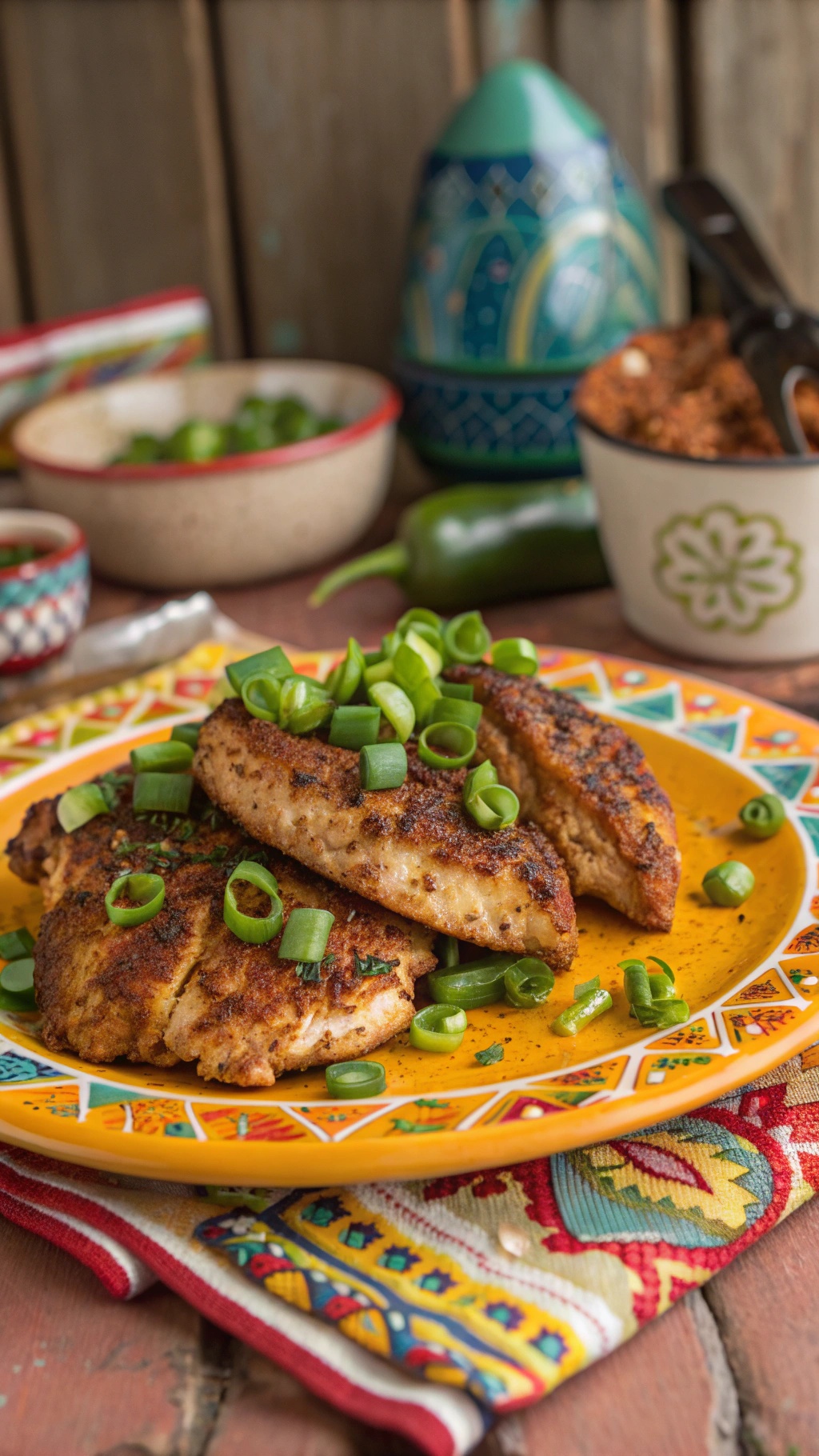 Spicy Cajun chicken breasts garnished with green onions on a colorful plate