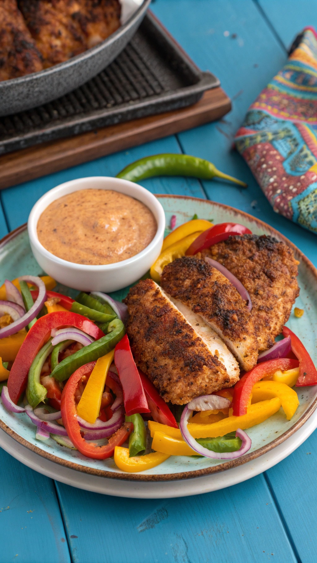 Spicy Cajun chicken breasts served with colorful bell peppers and a creamy dipping sauce