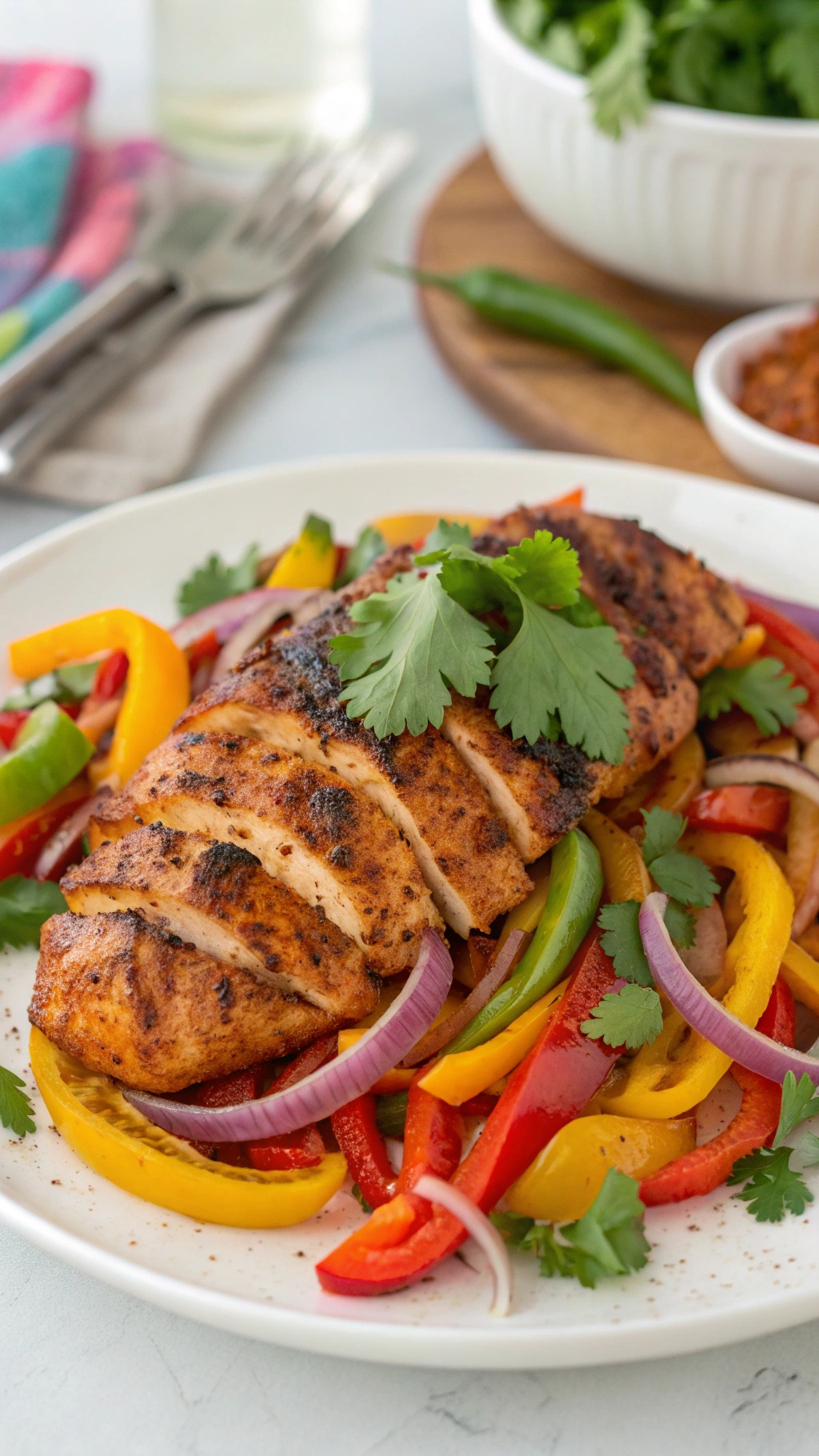 A plate of spicy Cajun chicken breast served with colorful bell peppers and onions, garnished with cilantro.