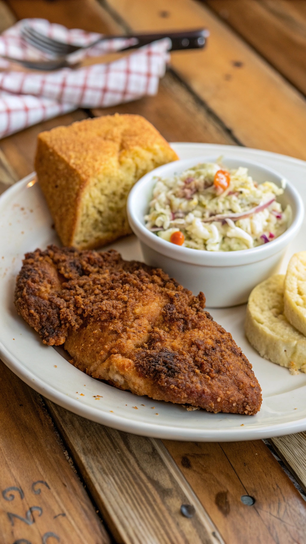 Plate of spicy Cajun chicken breast with sides of cornbread and coleslaw.