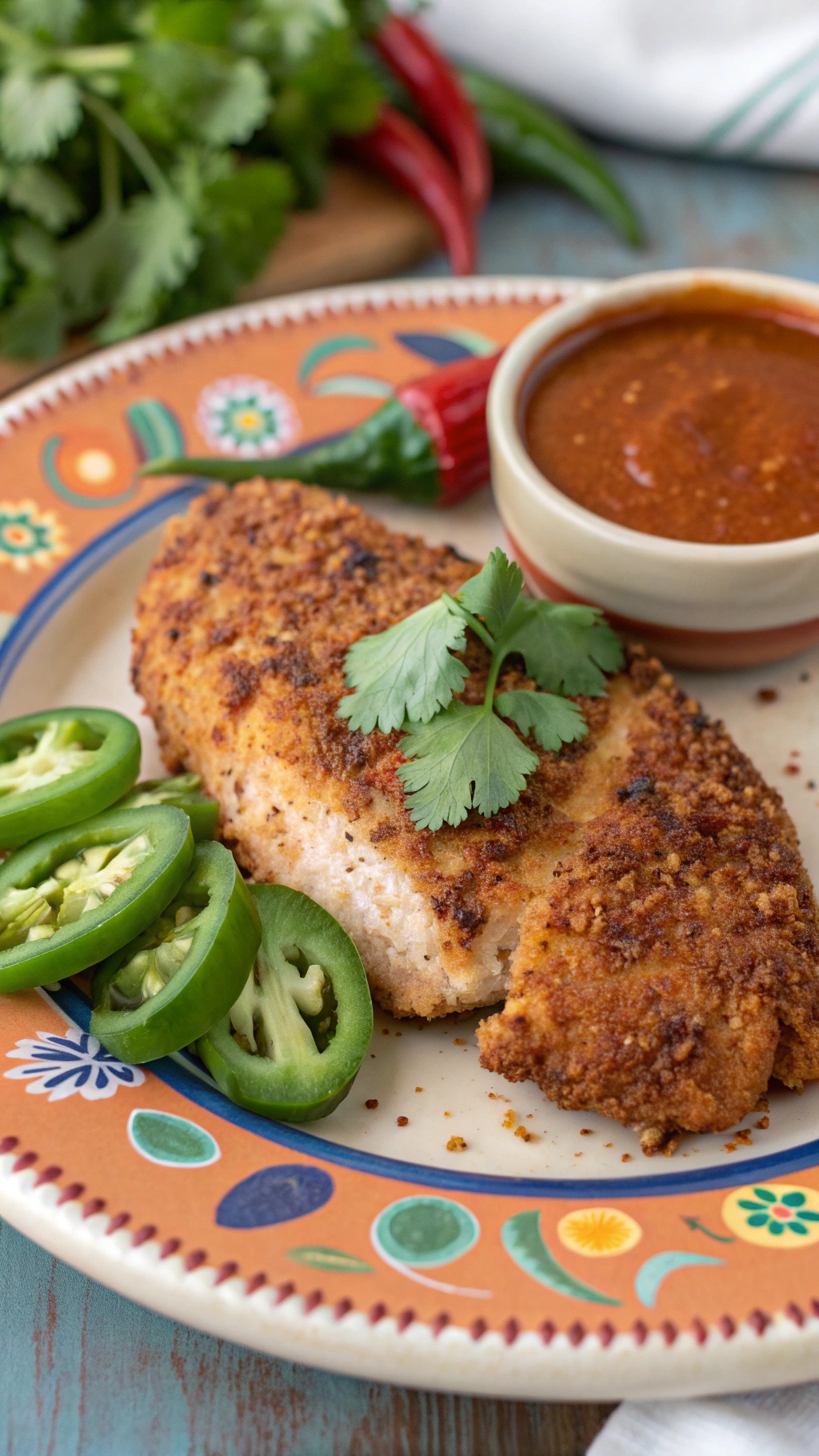 A plate of spicy Cajun chicken breast with jalapeño slices and dipping sauce