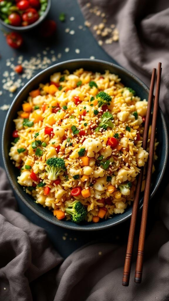 A bowl of spicy cauliflower rice stir-fry with colorful vegetables and chopsticks