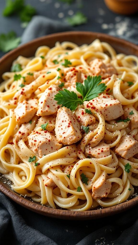 A bowl of spicy chicken Alfredo pasta with fettuccine, pieces of chicken, and garnished with parsley.