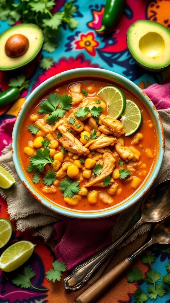 A vibrant bowl of spicy chicken and avocado soup garnished with cilantro and lime, set against a colorful background.