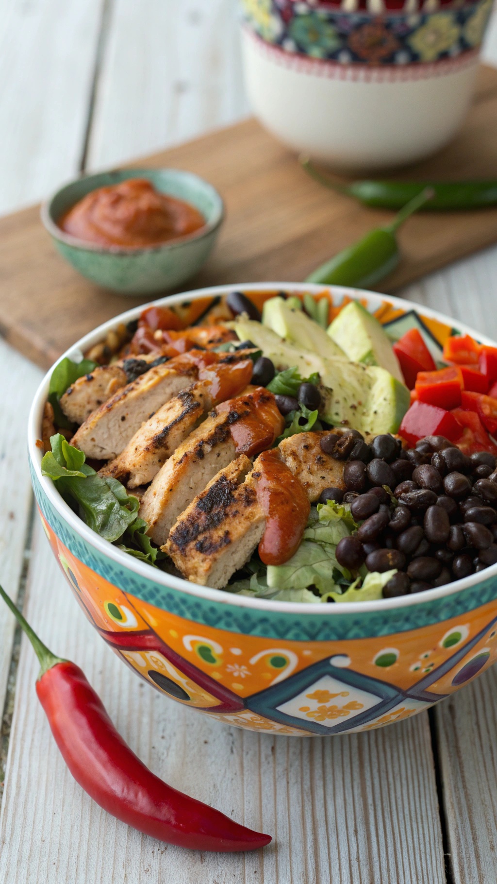 A colorful bowl of spicy chicken and bean salad with grilled chicken, black beans, avocado, and red peppers.