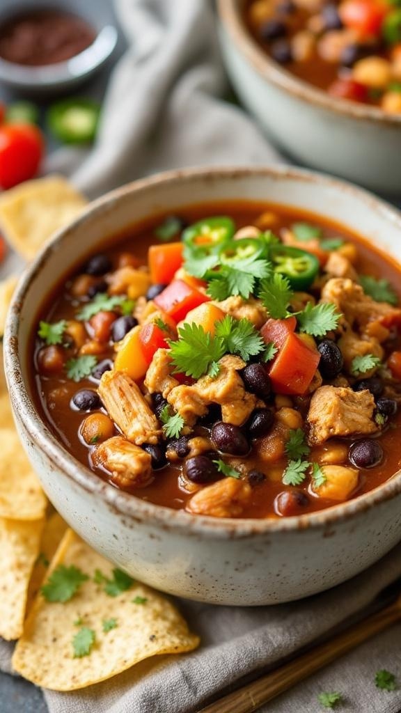 A bowl of spicy chicken and black bean chili topped with fresh cilantro and diced peppers, served with tortilla chips.