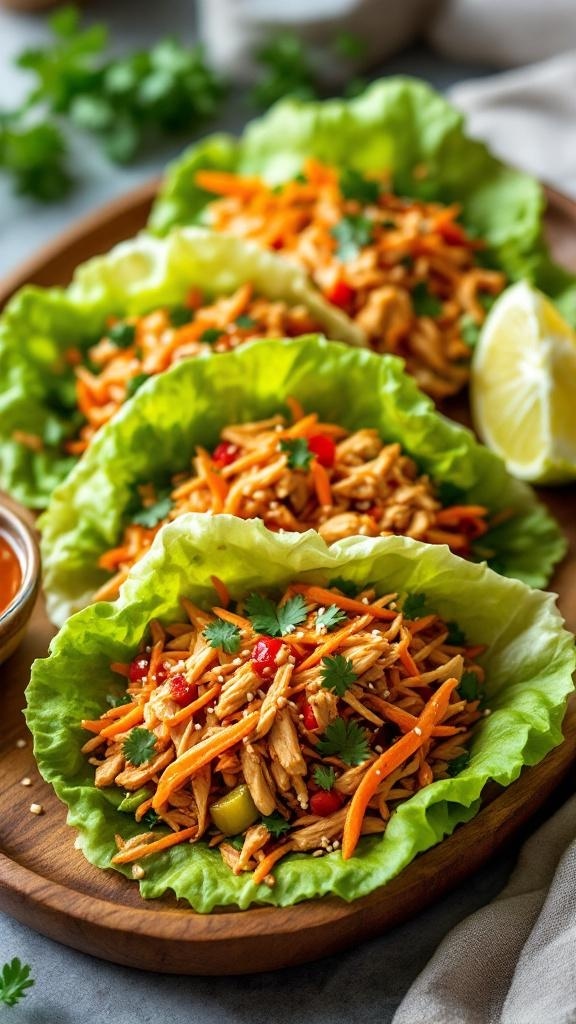 Spicy chicken lettuce wraps filled with shredded chicken, carrots, and peppers, garnished with cilantro and lime.