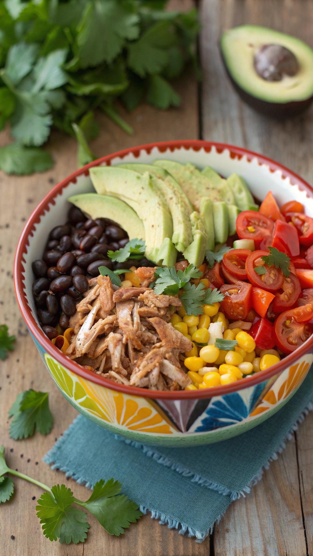 A colorful bowl filled with spicy chicken, black beans, corn, tomatoes, and avocado slices, garnished with cilantro.