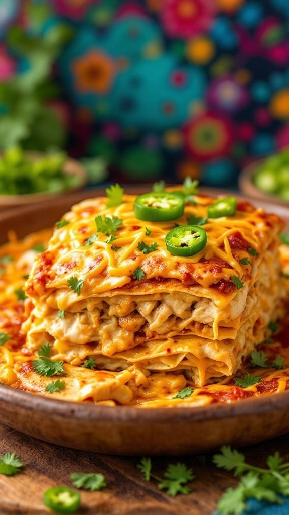 A delicious spicy chicken tortilla casserole topped with melted cheese, jalapeños, and cilantro.