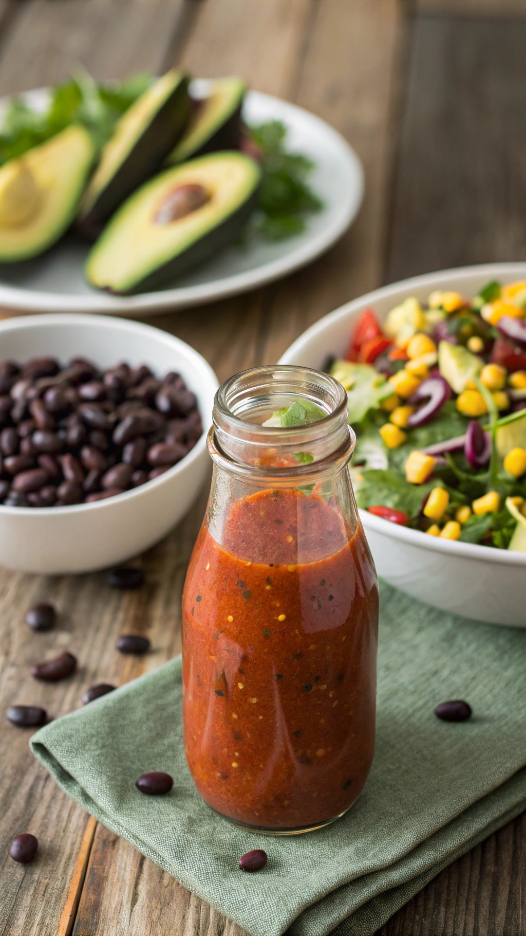 A bottle of spicy chipotle dressing with fresh salad ingredients in the background.