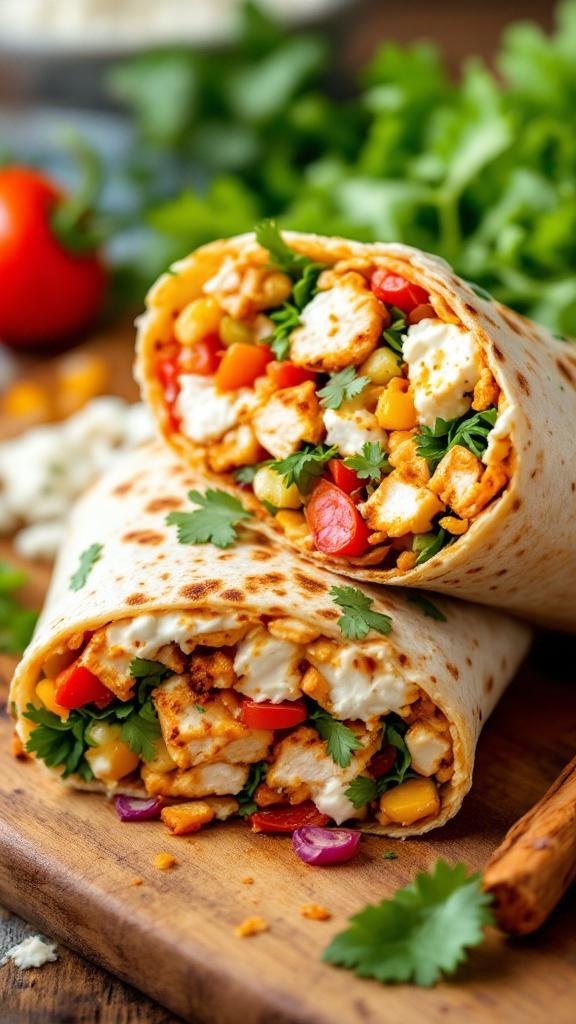Spicy cottage cheese and chicken wraps with fresh vegetables and herbs
