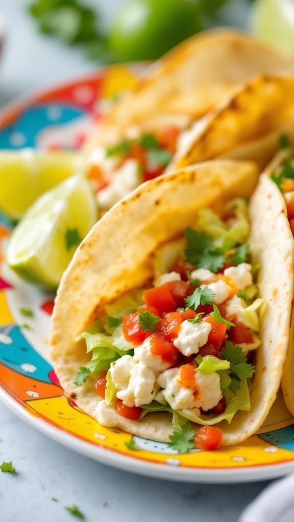 Spicy cottage cheese tacos with fresh toppings on a colorful plate