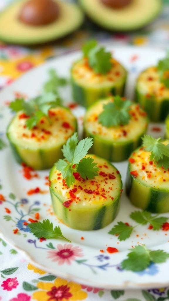 Spicy Cucumber and Avocado Bites on a floral plate
