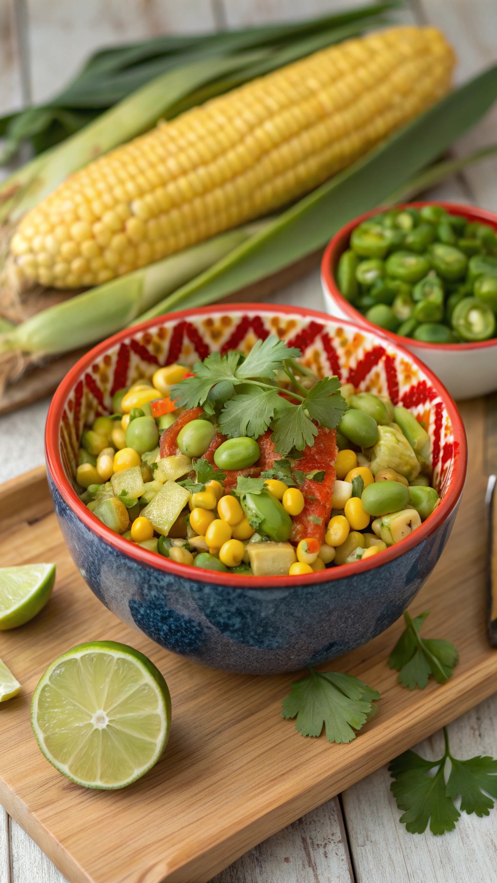 A colorful bowl of spicy edamame and corn salad with fresh ingredients.