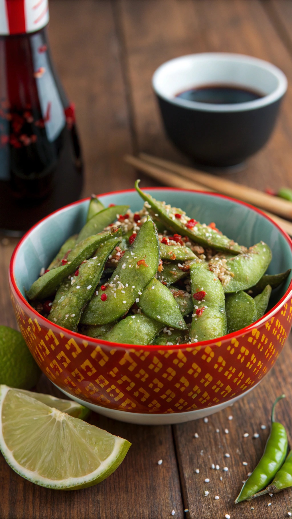 A bowl of spicy edamame topped with sesame seeds and chili flakes, with lime wedges and a dark sauce in the background.