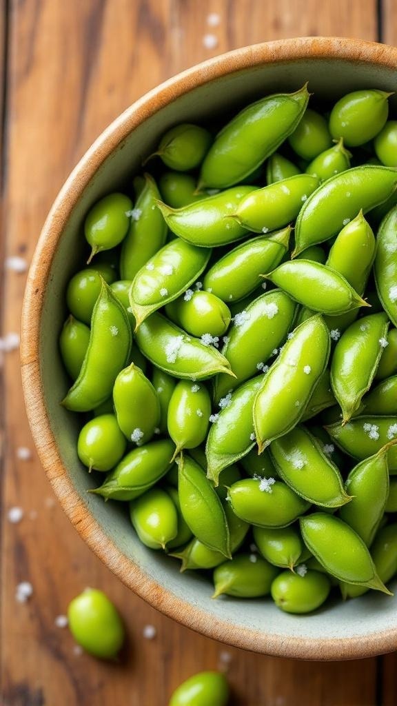 A bowl of spicy edamame sprinkled with sea salt.