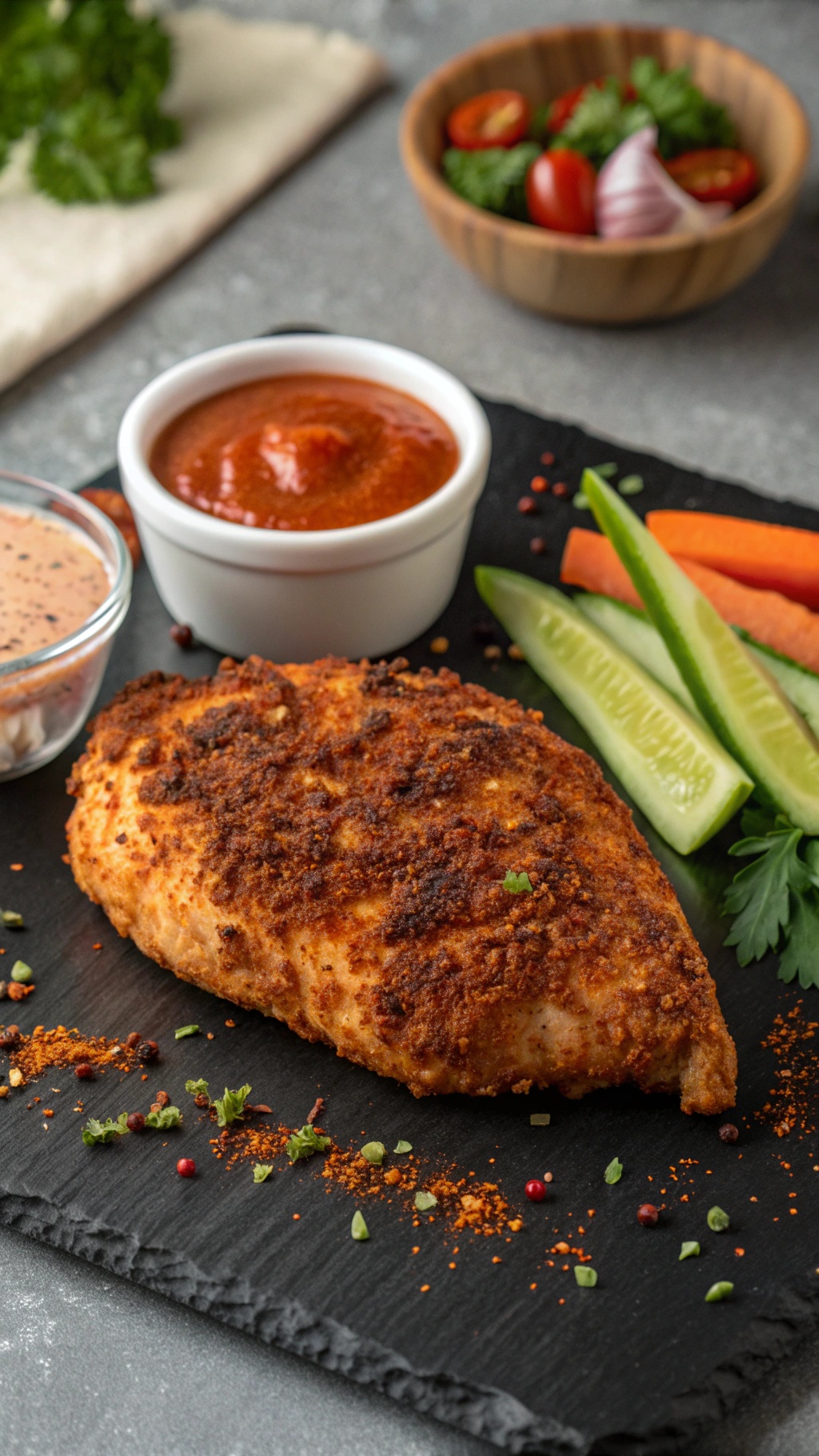 A plate of spicy garlic and paprika chicken breast with fresh vegetable sticks and dipping sauces.