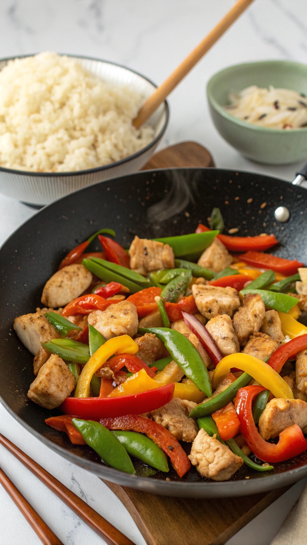 A colorful spicy garlic chicken stir-fry with bell peppers and snap peas in a wok, served with rice.