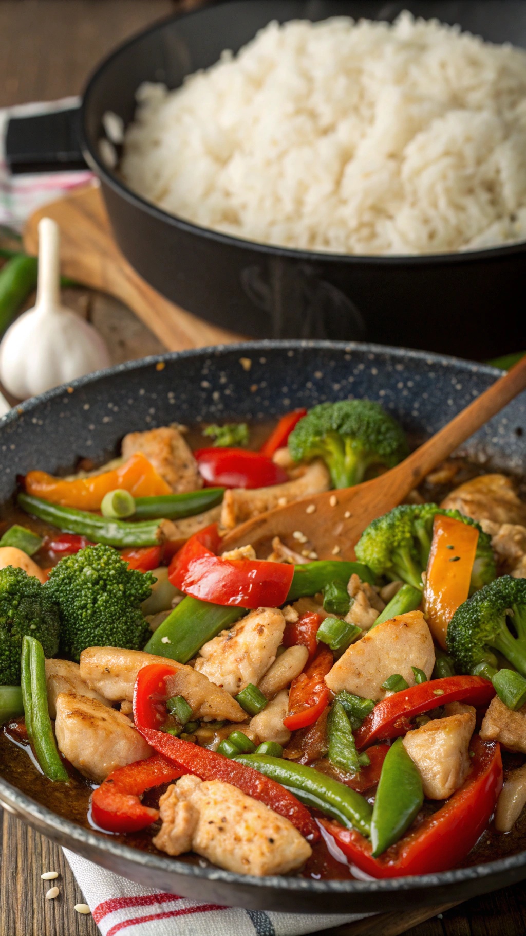 A colorful spicy garlic chicken stir-fry with vegetables and rice