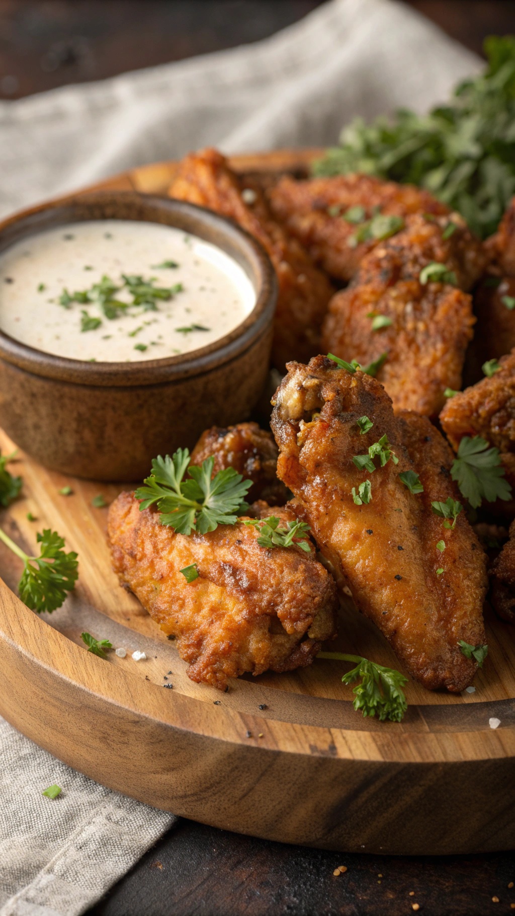A plate of spicy garlic parmesan chicken wings with a side of dipping sauce and garnished with parsley.