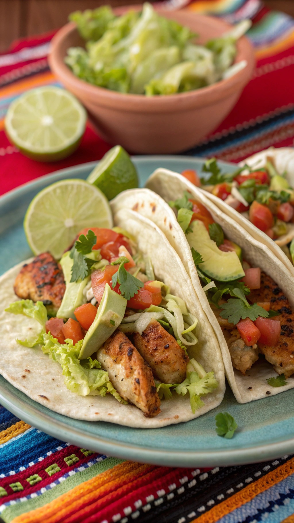 Spicy grilled chicken tacos with avocado salsa, served with lime wedges and a bowl of salad.