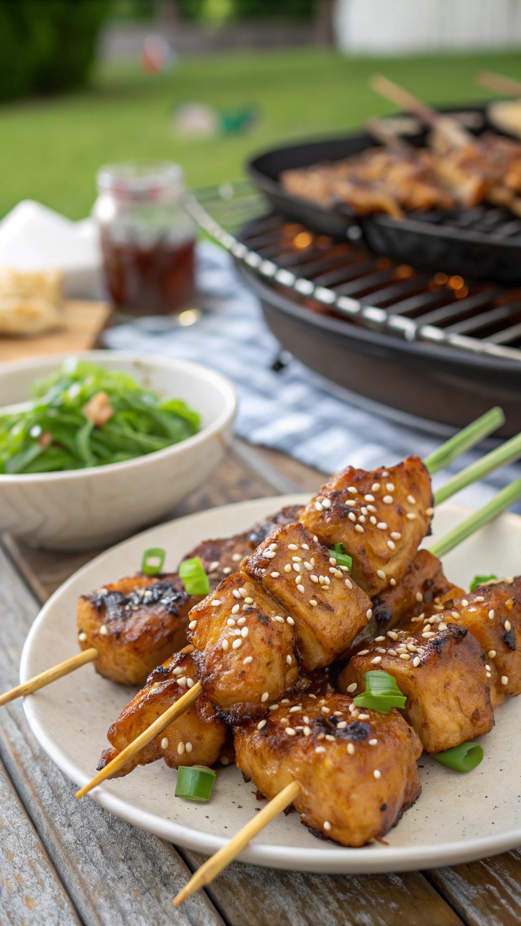 Spicy honey garlic chicken skewers on a plate with green onions and sesame seeds