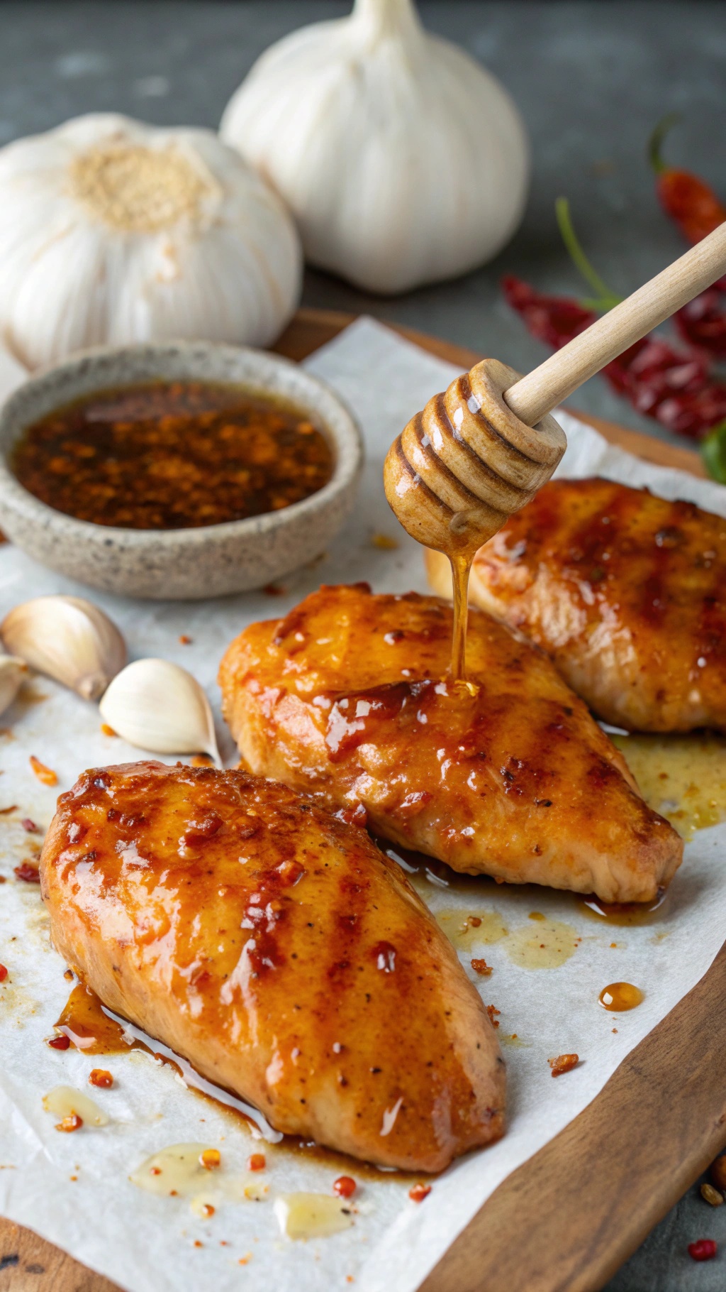 Juicy chicken breasts with a spicy honey garlic marinade, garlic cloves, and chili peppers in the background.