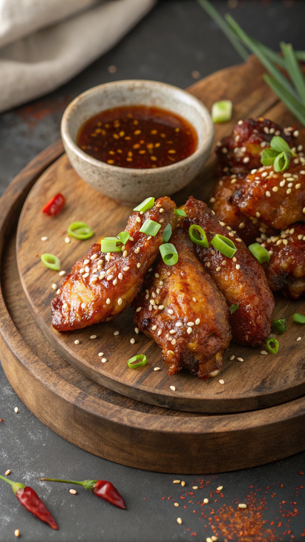 Delicious spicy honey garlic chicken wings garnished with green onions and sesame seeds, served with a dipping sauce.