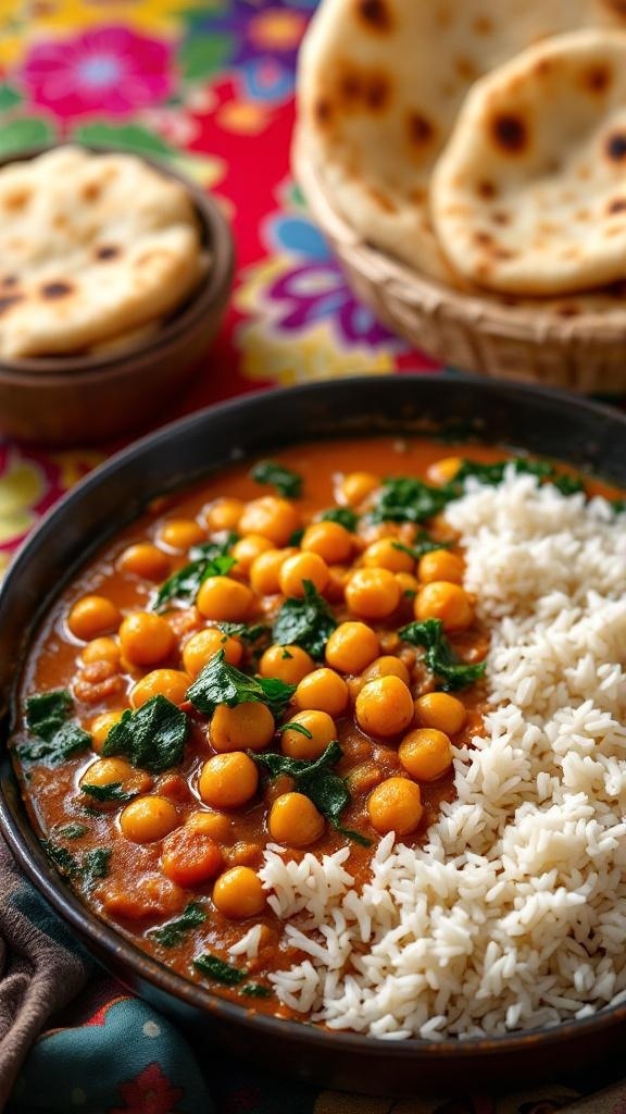 A bowl of spicy chickpea curry with rice and naan on a colorful tablecloth.