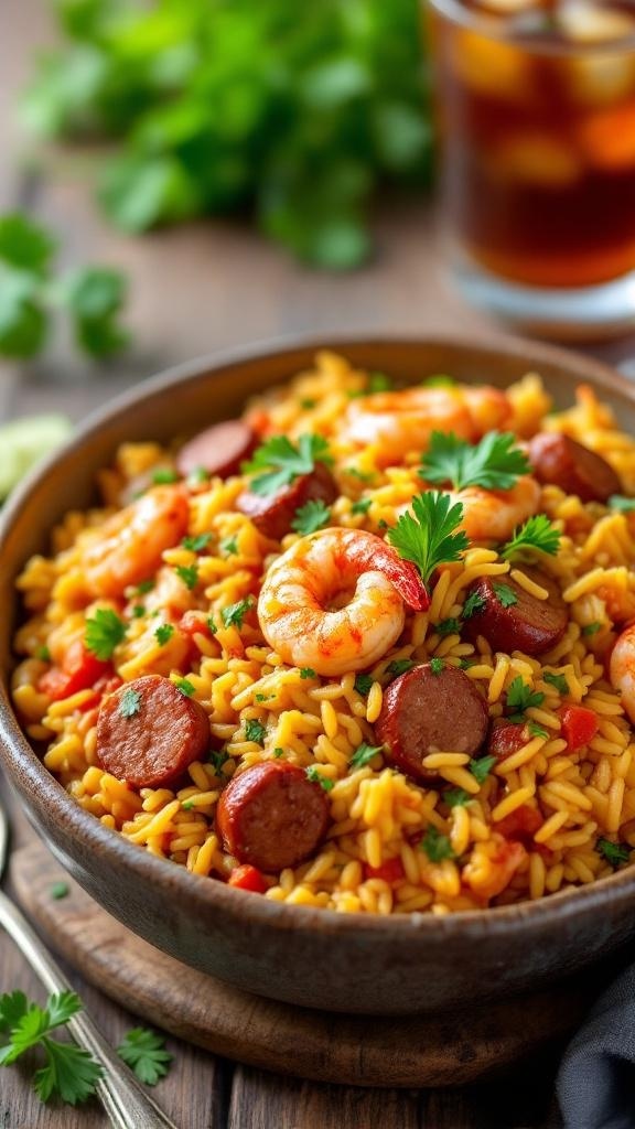 A bowl of spicy jambalaya with shrimp, sausage, and rice, garnished with parsley.