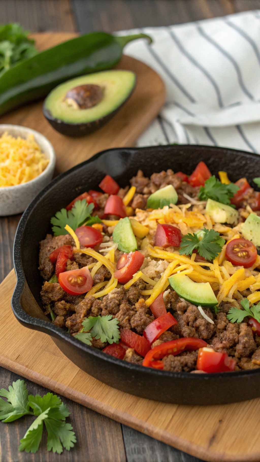 A colorful spicy keto beef taco skillet with ground beef, tomatoes, avocado, and cheese.