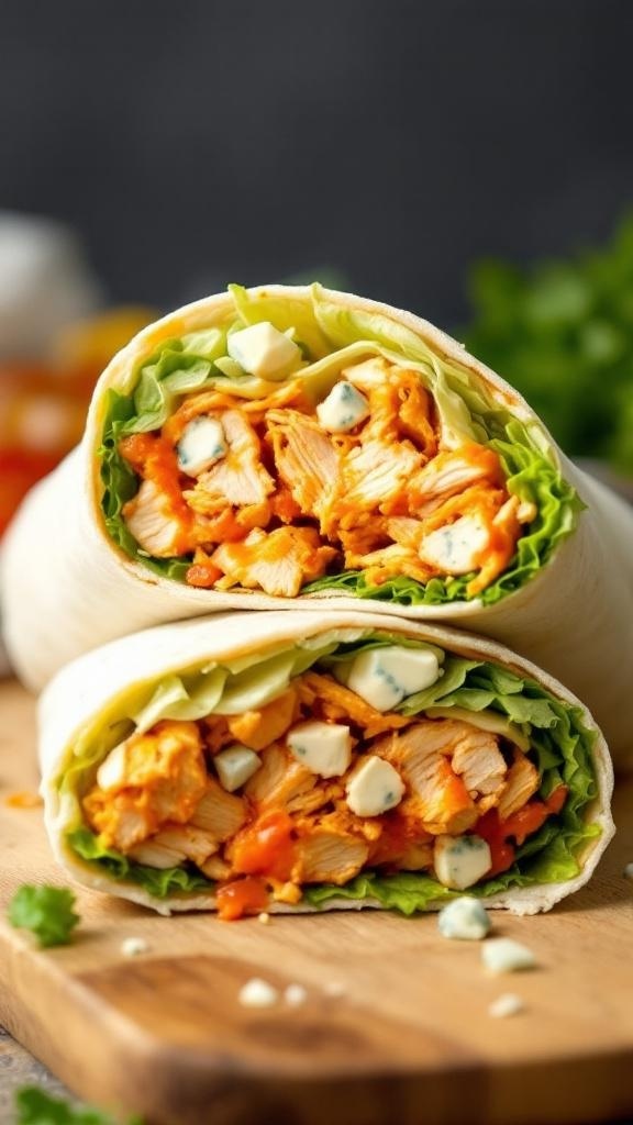 A close-up of a spicy keto buffalo chicken wrap, cut in half, showing shredded chicken, lettuce, and blue cheese inside a low-carb tortilla.