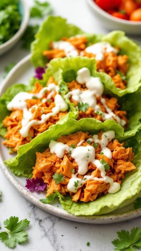 Spicy Keto Buffalo Chicken Wraps with lettuce, shredded chicken, and dressing