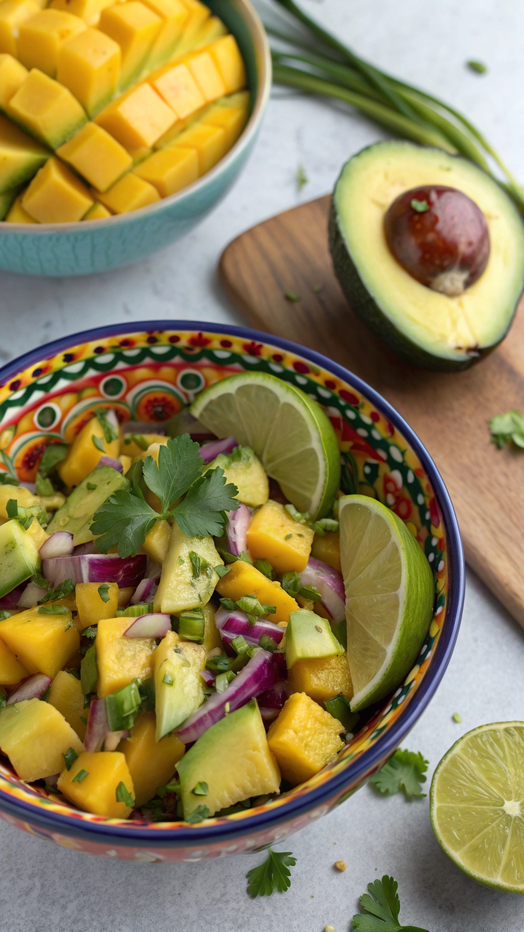 A colorful bowl of spicy mango and avocado salad with lime wedges and fresh cilantro.