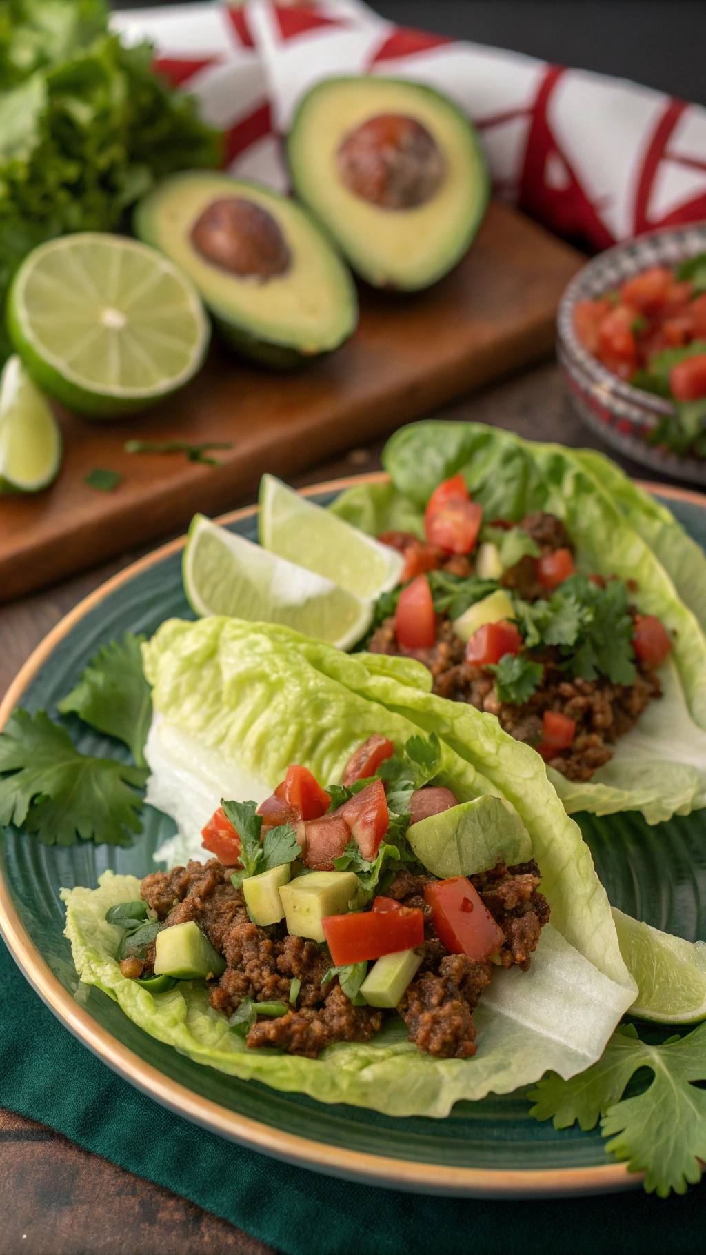Spicy Mexican Beef Lettuce Wraps with avocado and lime