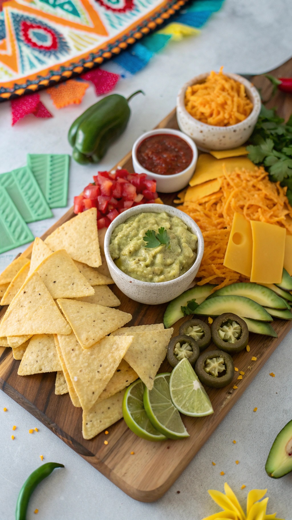 A colorful cheese board featuring tortilla chips, guacamole, various cheeses, diced tomatoes, jalapeños, and lime wedges.