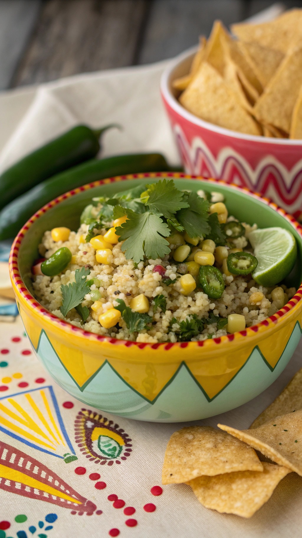 A colorful bowl of spicy quinoa and corn salsa garnished with cilantro and lime.