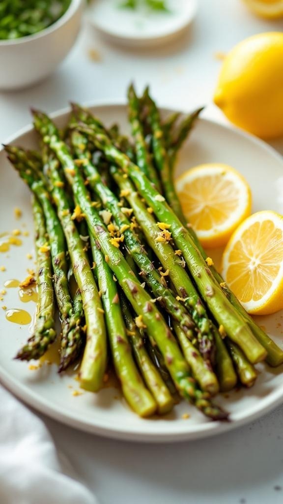 Plate of spicy roasted asparagus with lemon slices