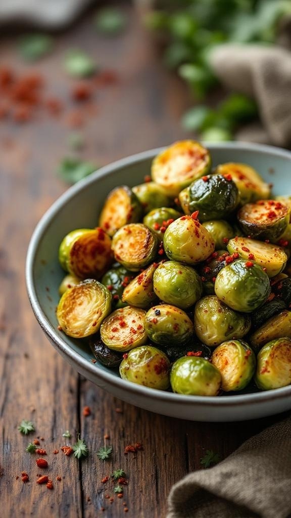 A bowl of spicy roasted Brussels sprouts garnished with red pepper flakes and parsley.