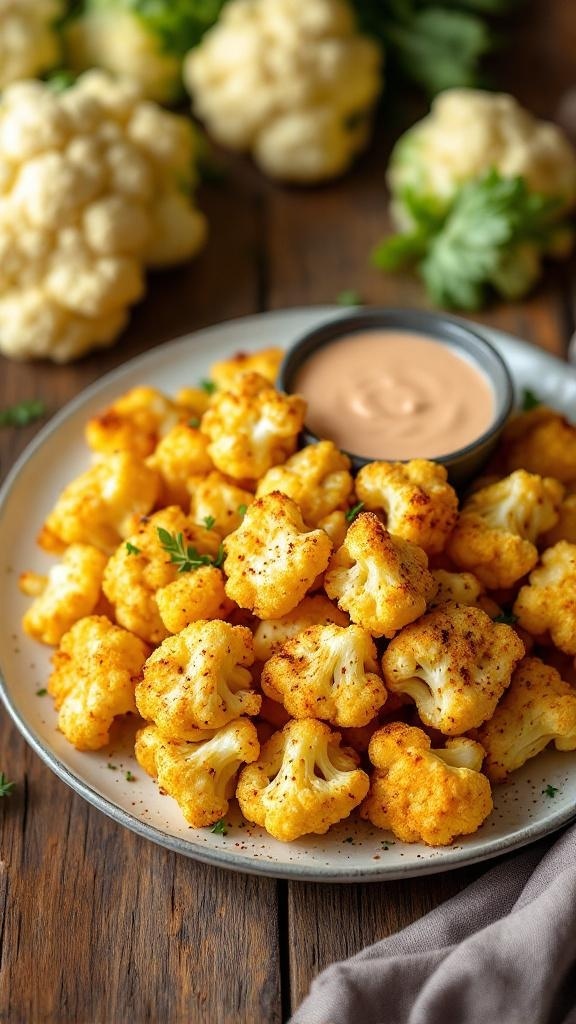 A plate of spicy roasted cauliflower bites served with a dipping sauce.