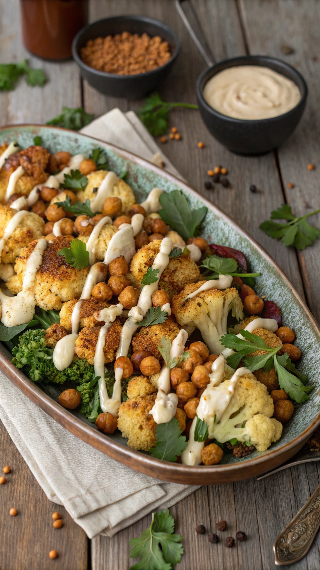 A colorful Spicy Roasted Cauliflower Salad with chickpeas, tahini dressing, and fresh herbs.
