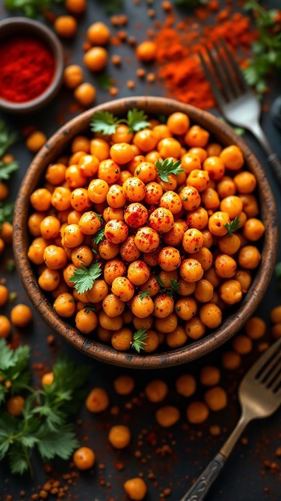 A bowl of spicy roasted chickpeas garnished with herbs and surrounded by spices.