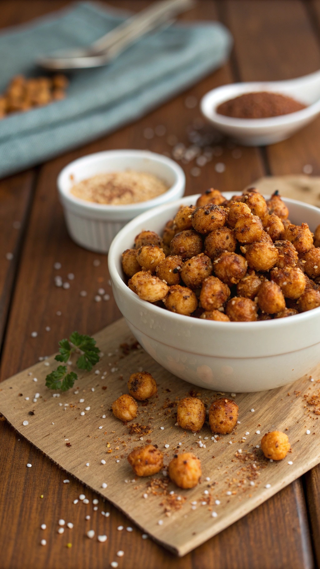 A bowl of spicy roasted chickpeas on a wooden table, surrounded by spices and scattered salt.