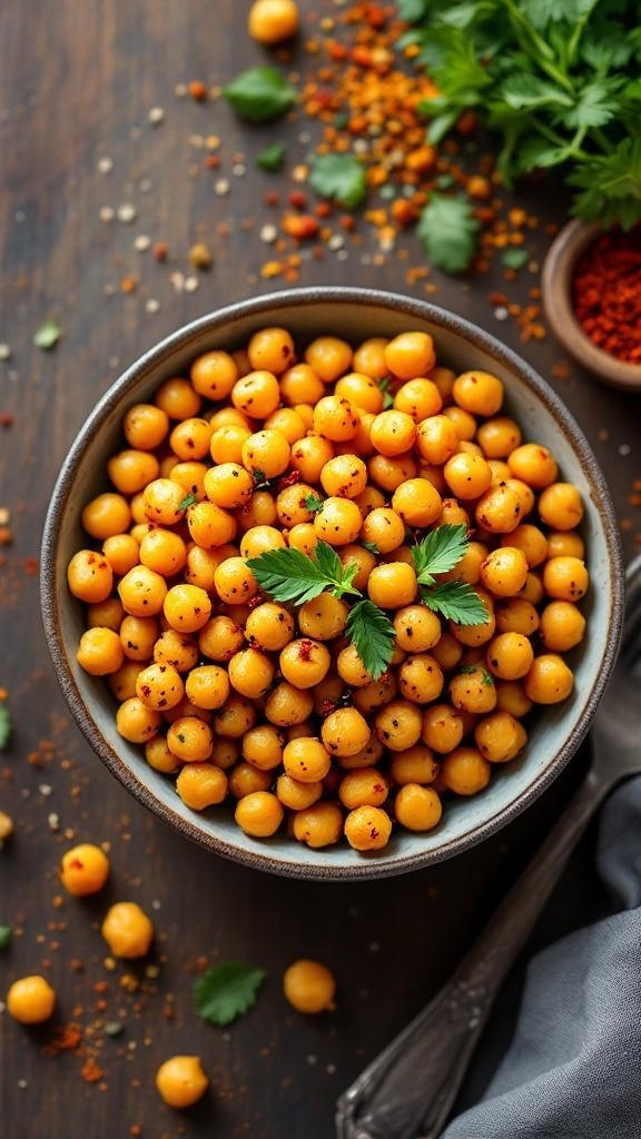 A bowl of spicy roasted chickpeas garnished with cilantro, surrounded by spices and herbs.
