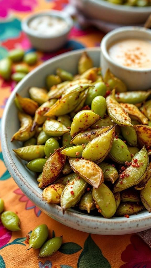 A bowl of spicy roasted edamame on a colorful tablecloth, with a small bowl of dipping sauce in the background.