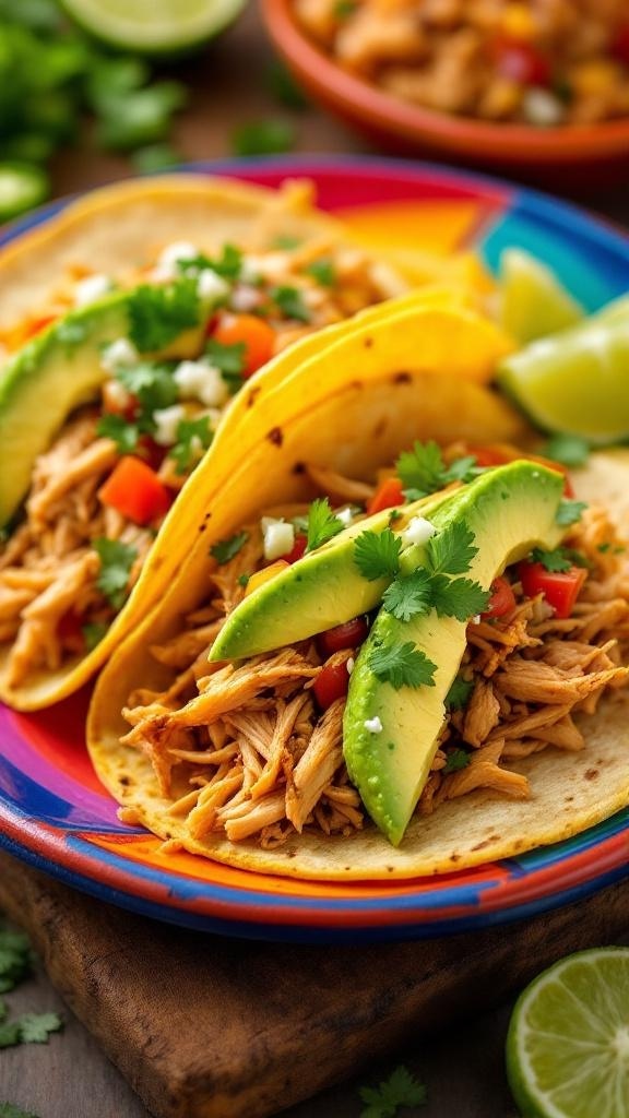 Spicy rotisserie chicken tacos topped with avocado slices and cilantro on a colorful plate.