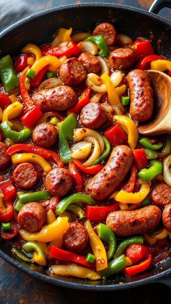 A colorful skillet filled with spicy sausage and bell peppers, showcasing vibrant red, yellow, and green vegetables.