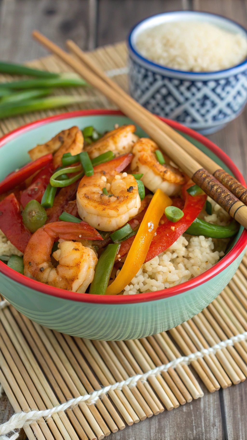 A bowl of spicy shrimp and cauliflower rice stir-fry with colorful bell peppers and green onions