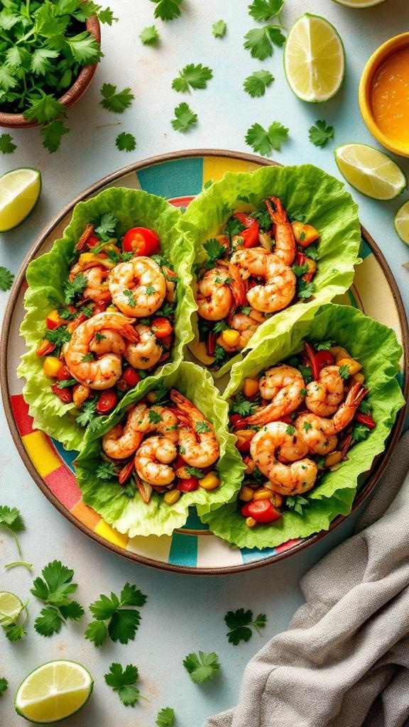 A colorful plate of spicy shrimp lettuce cups filled with shrimp, tomatoes, and cilantro, garnished with lime.